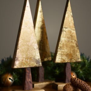 3 wooden tree ornaments in gold leaf finish.