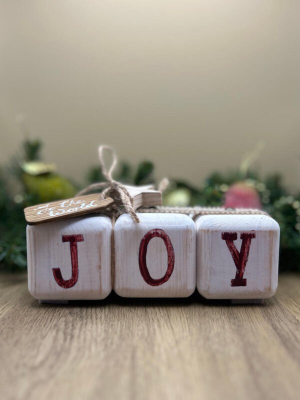 A block style christmas decoration featuring the word joy.