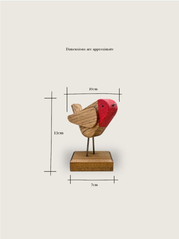 A rustic Robin decoration with product dimensions