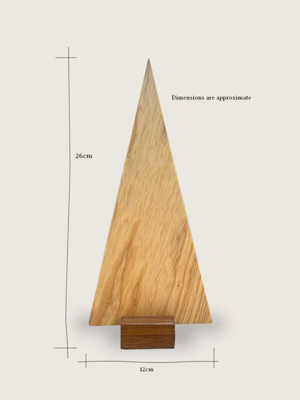 Contemporary tree ornament with product dimensions.