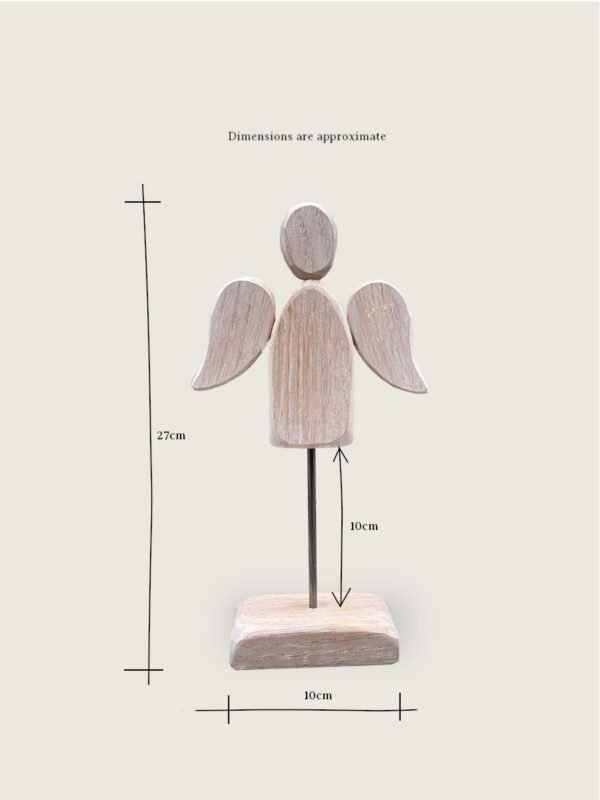 A floating angel decoration with product dimensions