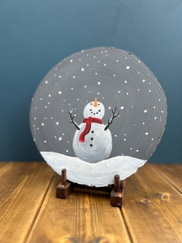 Hand-Painted Snowman on Wooden Trunk Slice