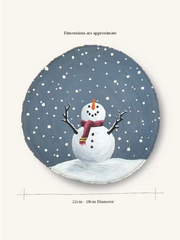 A hand-painted snowman on a wooden slab with product dimensions