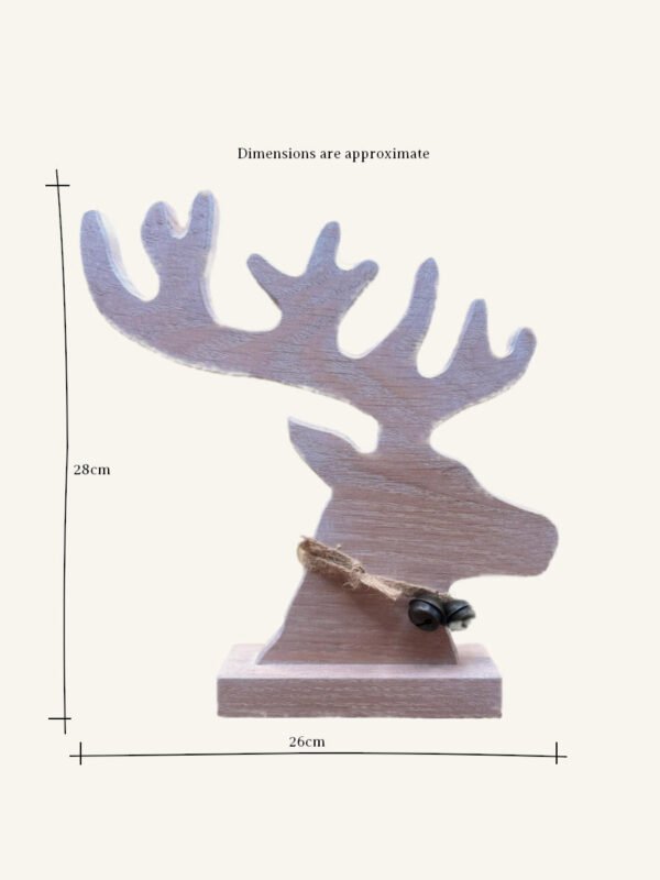 A wooden Reindeer decoration with dimesions.